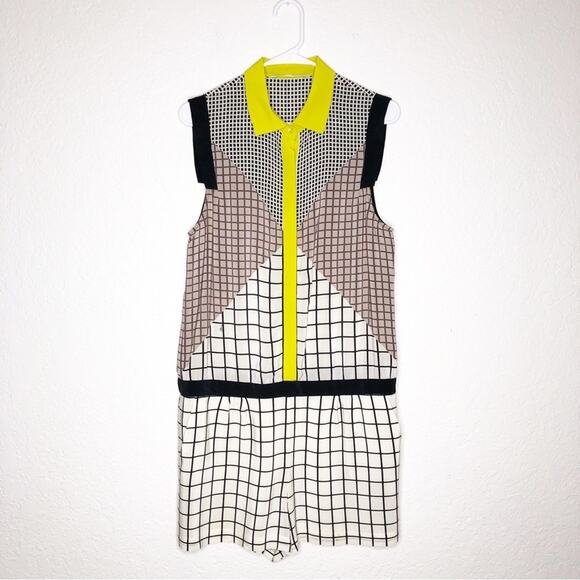 Trina Turk black tan cream windowpane plaid sleeveless silk romper - Picture 1 of 16